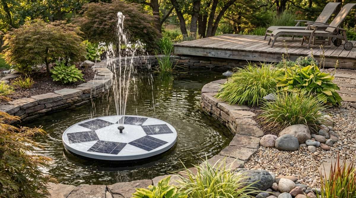A solar-powered floating fountain operating in a zen garden pond, featuring photovoltaic panels that power submersible pumps to create vertical water sprays during daylight hours without electrical connections.