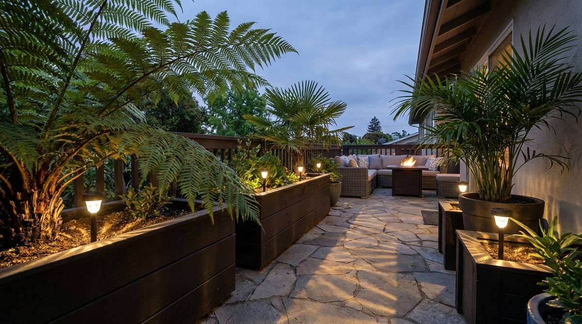 Solar-powered stake lights inserted into planter soil to illuminate foliage from below, highlighting specimen plants and marking pathways on a balcony. Features LED technology for 6-8 hours of illumination per charge, ideal for uplighting textured leaves like ferns or palms for dramatic shadow play.