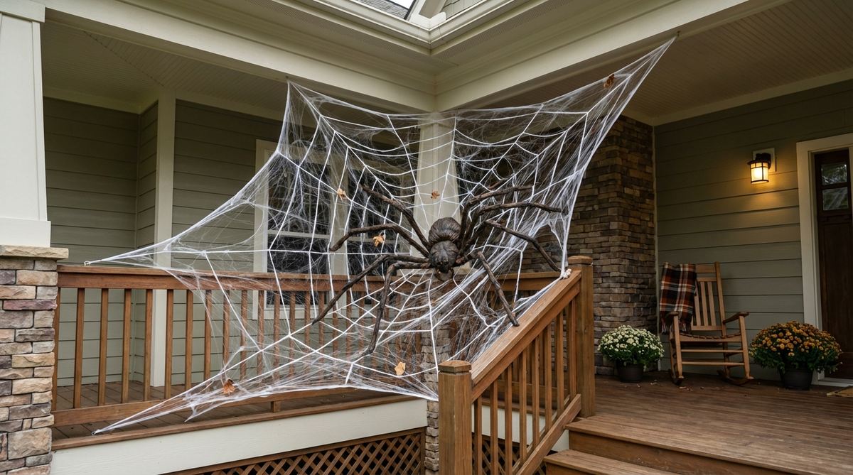 A giant spider crouches in its web at a porch corner, creating a dramatic Halloween focal point. The web stretches across empty space, filling what might otherwise be dead space. Anchor points are attached high and low along walls or railings, with stretchy webbing woven back and forth until the net feels full. An oversized spider is placed at a junction point, aimed toward approaching guests. Keep webs away from light fixtures to prevent damage from heat and soot, and refresh webbing mid-season in humid regions to maintain crispness.