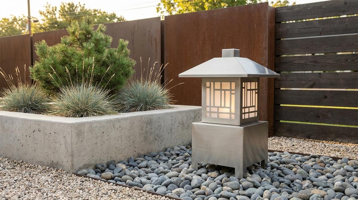 A modern stainless steel Japanese garden lantern with a brushed finish, featuring streamlined geometric forms and laser-cut window patterns. This weather-resistant lantern reflects light in minimalist gardens, ideal for pairing with gravel, concrete, and architectural plantings in urban or contemporary settings.