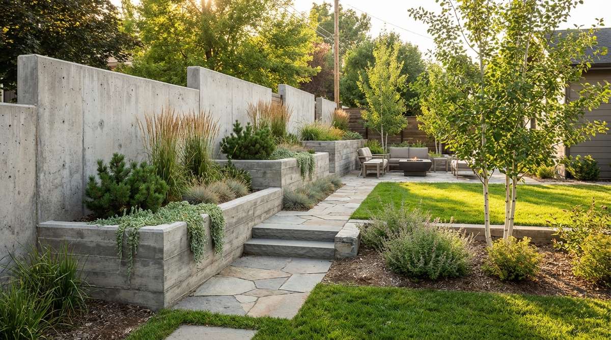 A contemporary stepped concrete boundary wall in a modern garden design, featuring varying heights that create visual interest along property lines. The dimensional changes break up long spans, with steps aligned to grade changes and architectural features. Planting pockets are incorporated within the stepped sections for greenery integration.