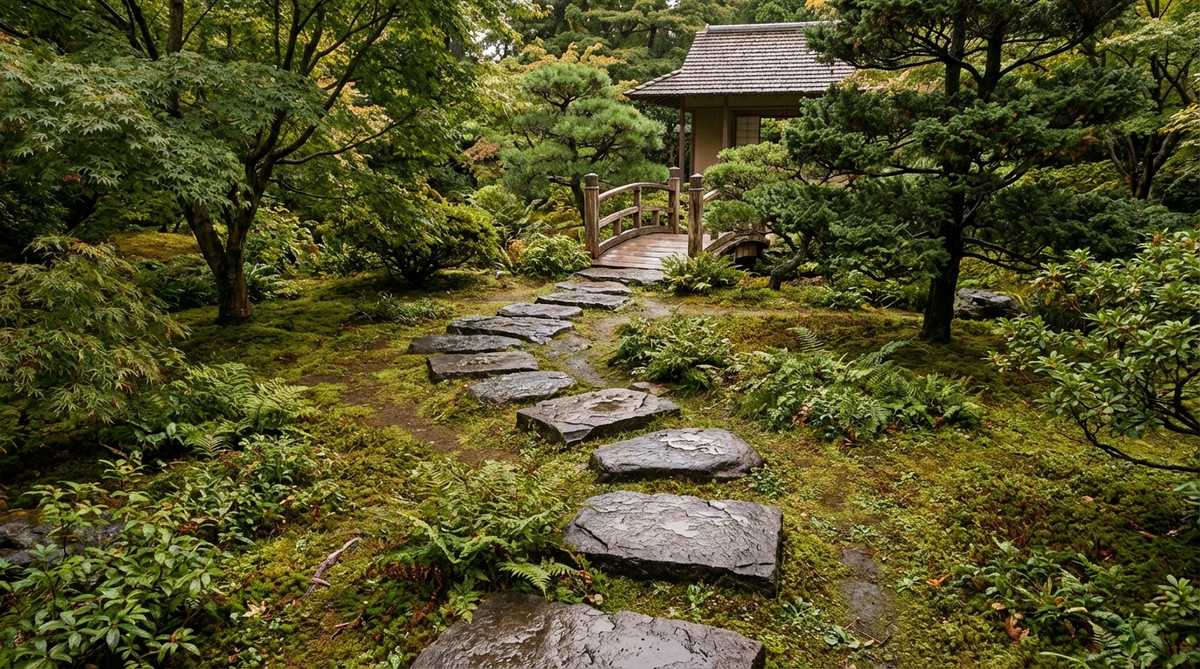 A winding stepping stone path through a Japanese garden, featuring irregularly spaced flat stones of varying sizes set slightly above ground level to protect moss and low plantings while directing water runoff.