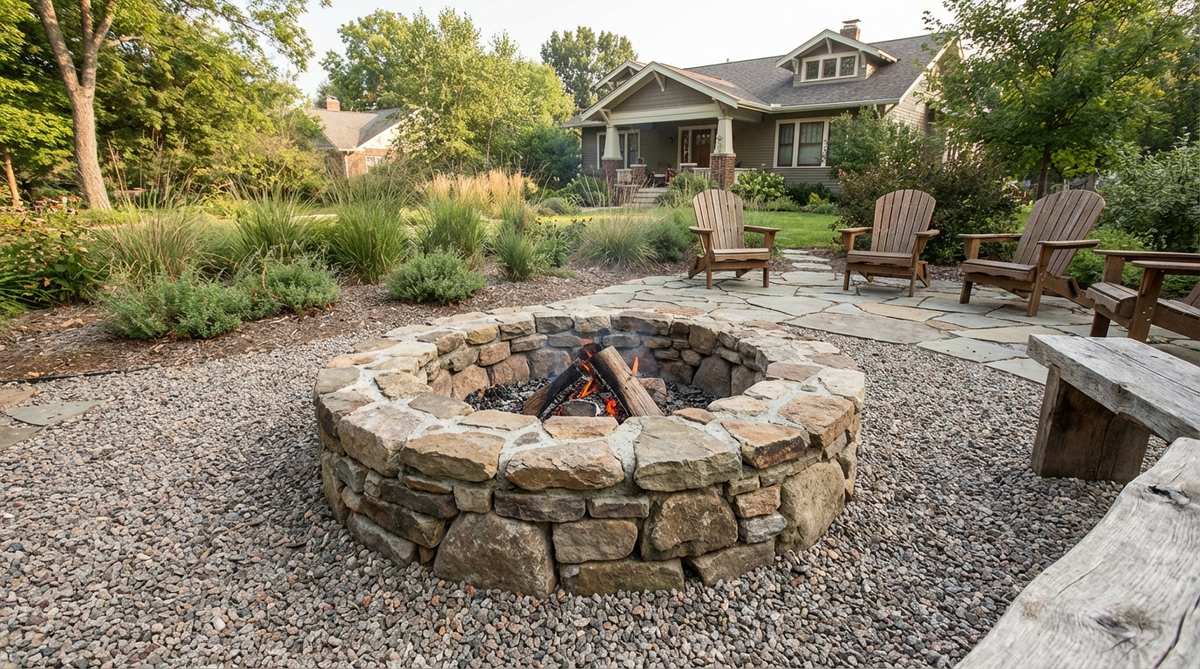 A rustic stone fire pit ring made from natural stones arranged in a circular design, radiating heat and creating a cozy outdoor gathering space with an organic appearance, surrounded by gravel for safety.