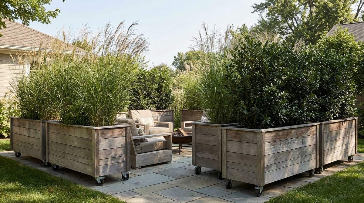 A hinged-lid storage bench positioned along a corner wall in a cozy garden, providing seating and waterproof storage for cushions, tools, or toys, ideal for family spaces.