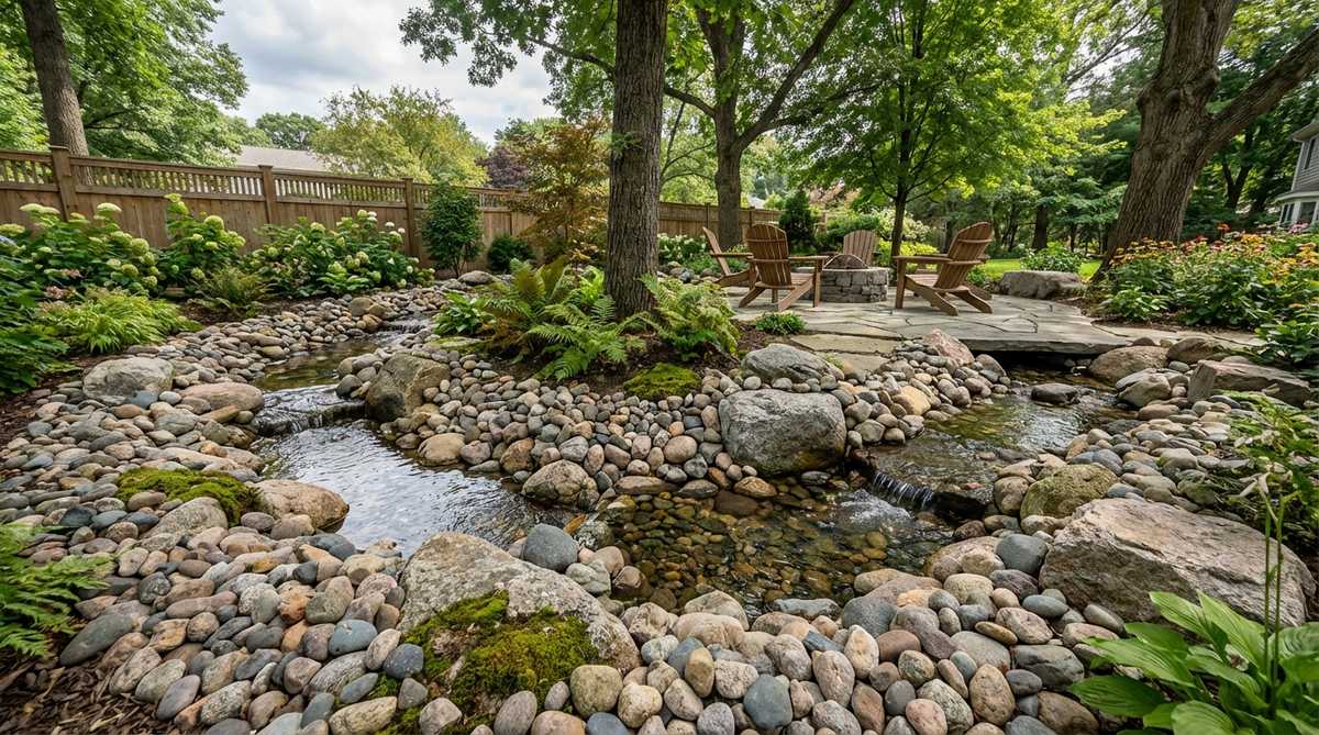 A naturalistic recirculating stream channel lined with river cobbles and boulders, featuring varied stone sizes from 2-inch pebbles to 12-inch rocks. The design includes pools and riffles created by adjusting bed elevation, with larger stones strategically placed at curves to simulate natural erosion patterns, enhancing the aesthetic of a stone garden.