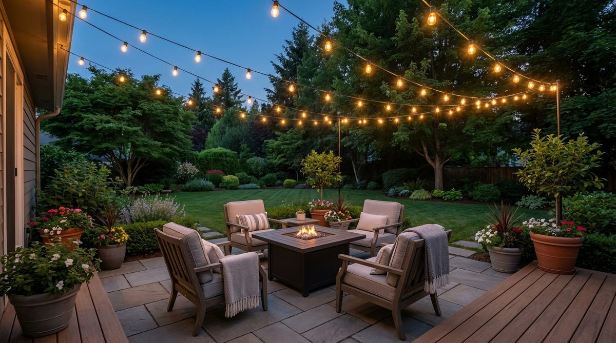A grid of string lights suspended above a seating area on a small garden deck, creating an illuminated ceiling for evening gatherings with LED bulbs for energy efficiency.