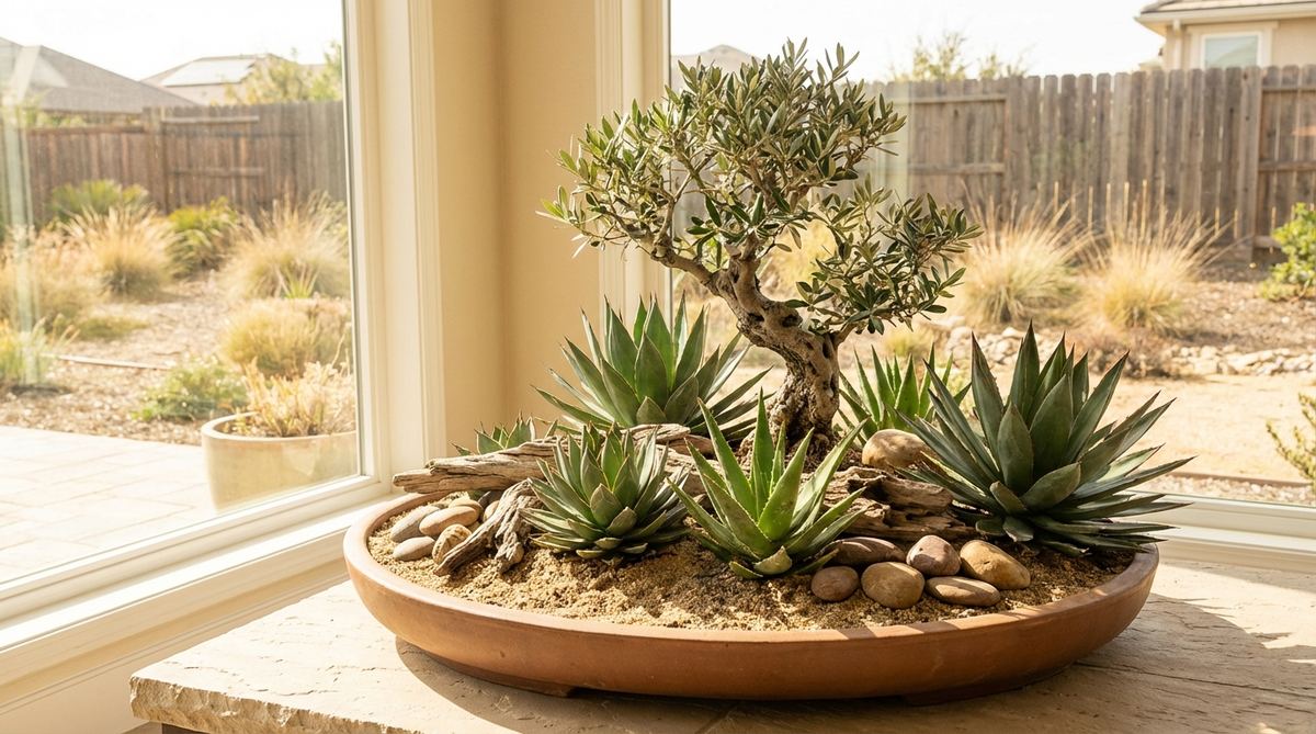 A drought-adapted bonsai tree, such as Olive or Pomegranate, combined with sculptural succulents in a sandy display within a large, shallow ceramic tray. Features decorative rocks and driftwood to enhance the desert aesthetic, thriving in bright, south-facing windows with low-maintenance care suitable for busy professionals.