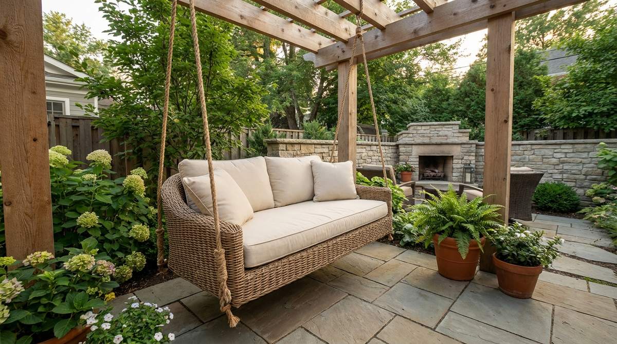 A suspended swing or hanging chair in a small garden courtyard, mounted from pergola beams or support posts, with cushions for comfort and positioned to allow full motion without obstruction.
