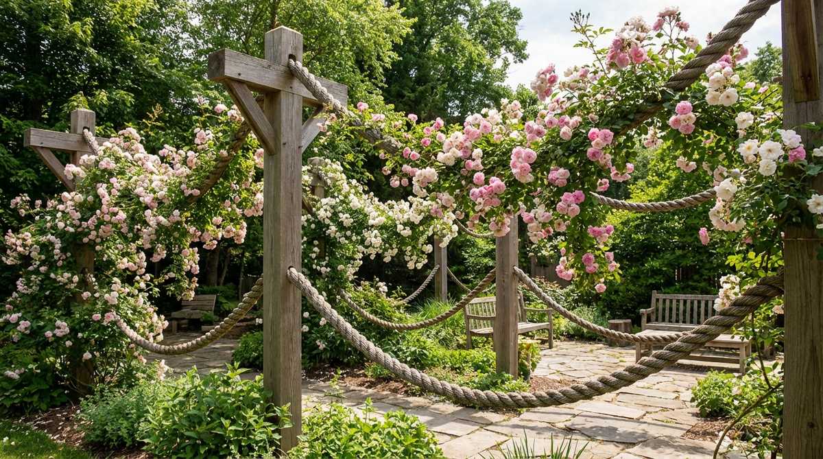 A garden design featuring heavy rope or chain suspended between posts, creating gentle catenary curves that rambling roses drape across naturally. The flexible support accommodates the flowing growth habit of once-blooming ramblers, with posts installed 10-12 feet apart and cross-arms supporting rope ends 6-7 feet above ground. This historic rope swag garden design delivers romantic cascades of blooms when ramblers reach peak flower production.