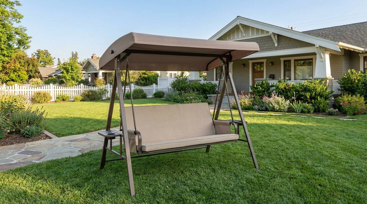 A freestanding swing bench with an adjustable canopy, featuring a durable steel frame and polyester fabric for weather resistance. The bench-style seat accommodates two people with armrests and cup holders, placed in an open garden area away from trees, highlighting its portability and adaptability to sunlight changes.