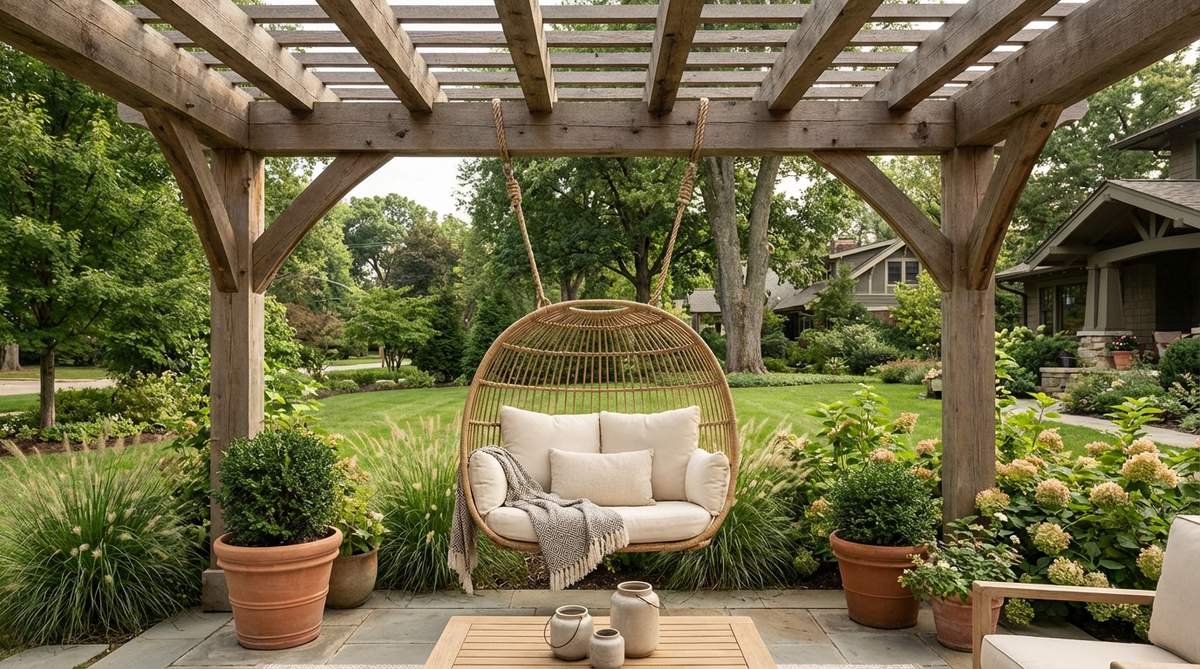 A rattan egg chair, macrame cocoon, or wooden porch swing suspended from beams, providing comfortable seating with gentle motion as a focal point in pergola garden decor.