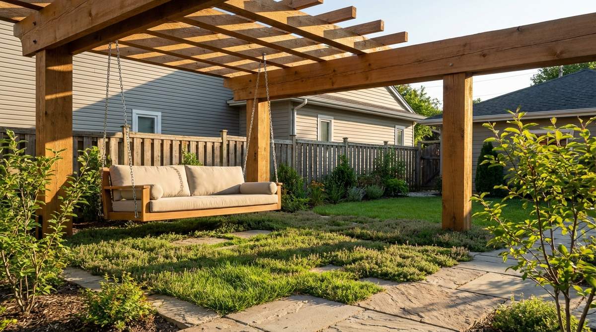 A swing seat pergola with a bench swing hanging from substantial beams, designed for small garden spaces. The pergola extends beyond the swing's arc for safety, surrounded by low-maintenance groundcovers that tolerate foot traffic, creating dynamic and playful seating for all ages.