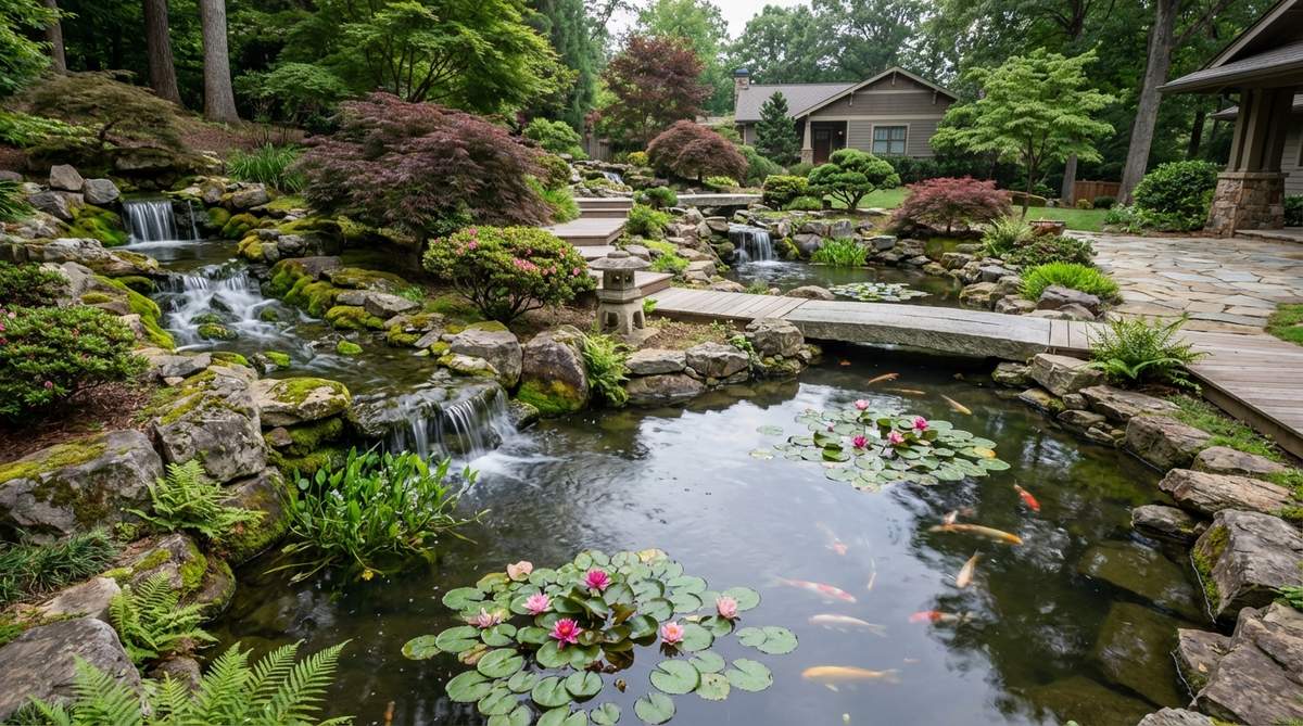 A serene Japanese garden featuring terraced hillside ponds with three to five levels cascading down a slope, connected by waterfalls and streams. Each terrace supports diverse plant communities, including oxygenating plants in fast-moving upper levels and water lilies and lotus in calm lower pools, with koi fish swimming freely throughout the interconnected system.