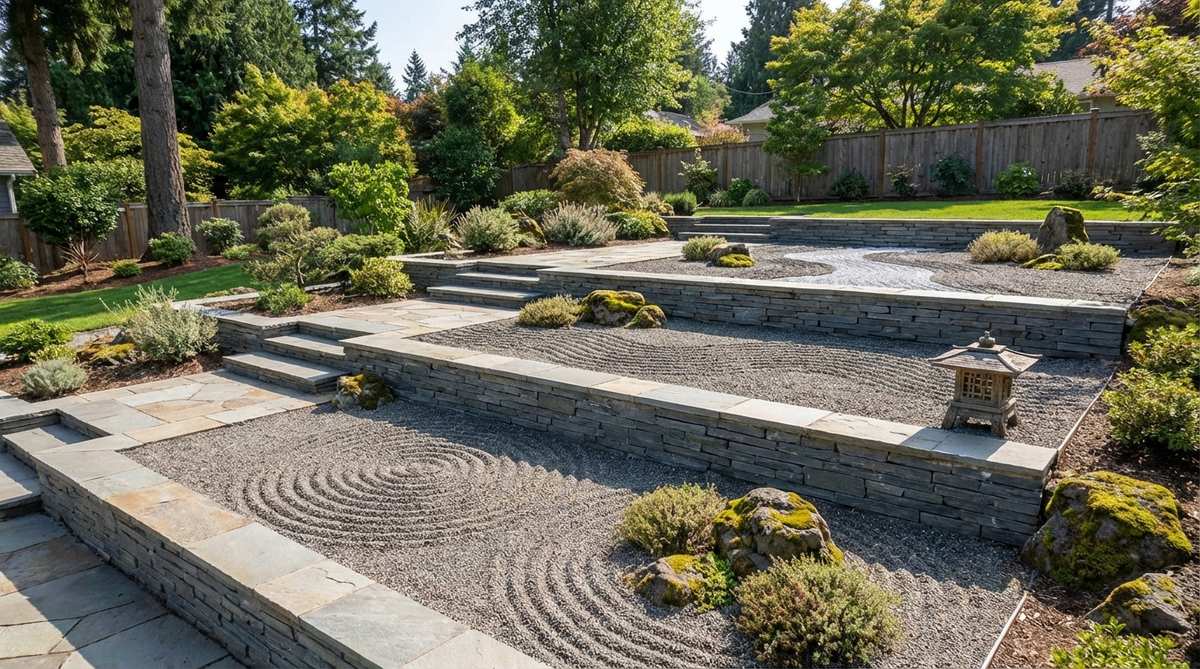 A terraced multi-level Zen garden featuring stepped platforms at varying elevations with layered raking zones. Each terrace displays a distinct pattern style, creating multiple meditation focal points within one garden space. Retaining walls 8-12 inches high made of stacked stone or concrete blocks separate the levels, adding architectural interest to flat lots while maintaining horizontal raking surfaces for contemplation.