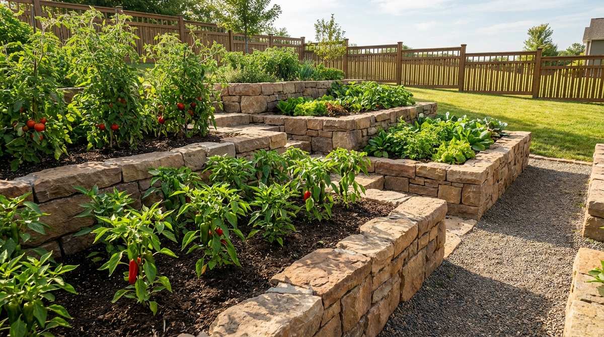 A stone-built terraced vegetable garden showing tiered planting beds on a slope, with crops like tomatoes and peppers growing in well-drained soil. The stone walls are 2-3 feet high, creating optimal working height for gardening while preventing soil runoff and maximizing sun exposure for edible plants.