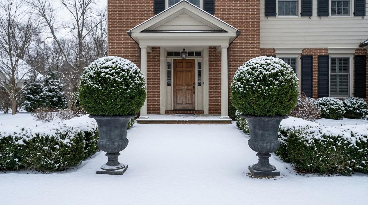 Formal preserved boxwood or cedar topiary balls in matching urns flanking a doorway, creating symmetrical geometric forms against a snowy winter background, with artificial or preserved options suitable for outdoor decor.
