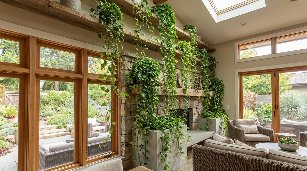 A trailing pothos plant cascading from high shelves in a modern boho-style room, showcasing how vertical draping softens architectural lines and adds organic movement to the space.