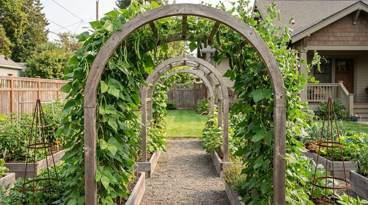 Metal or wooden arches spanning pathways in a modern garden bed, creating tunnel-like passages draped with climbing vegetables like pole beans, cucumbers, and peas. The arches are installed at 6-8 foot heights, allowing comfortable walking beneath mature vines and providing summer shade while maximizing vertical growing space. Harvesting can be done from both sides without entering the beds, preserving soil structure.