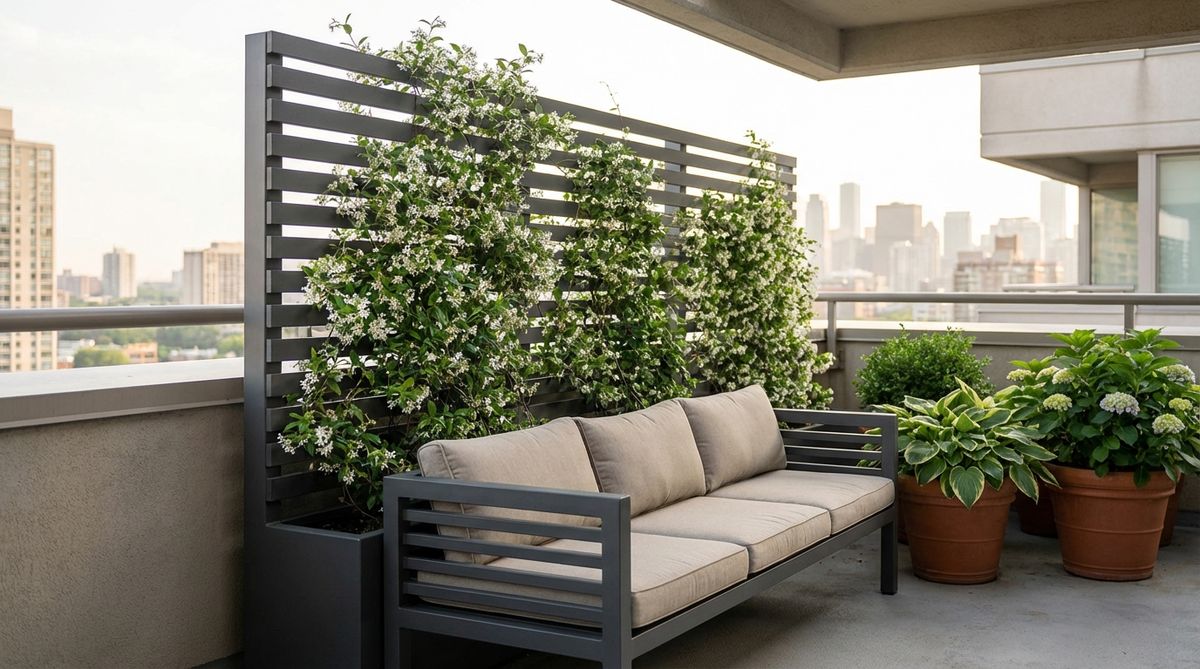 A dual-purpose urban balcony bench with an integrated 5-6 foot high trellis, made from powder-coated steel or treated wood to support climbing plants like jasmine or clematis, creating a privacy screen while providing comfortable seating in a space-saving design.