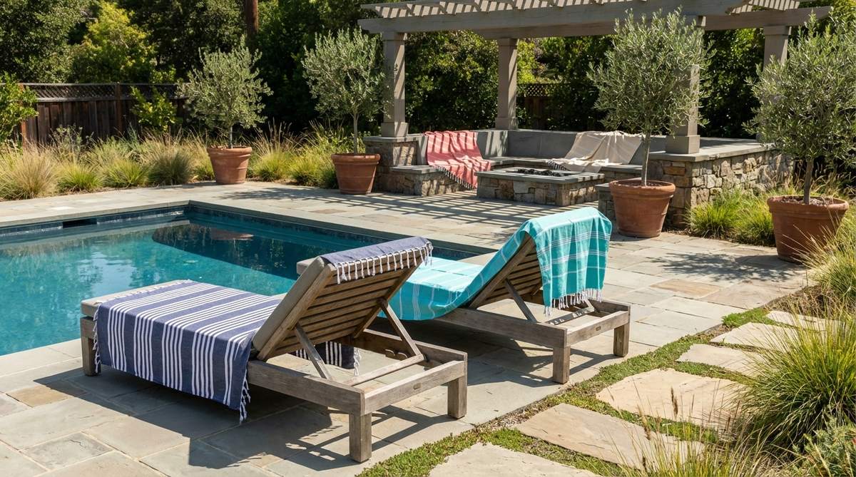 Lightweight Turkish cotton towel throws draped over outdoor chaise lounges and seating, featuring flat-weave construction with fringed edges in coastal color palettes like navy stripes, turquoise, or coral tones. Versatile for poolside use, quick-drying, and practical for outdoor entertaining spaces.