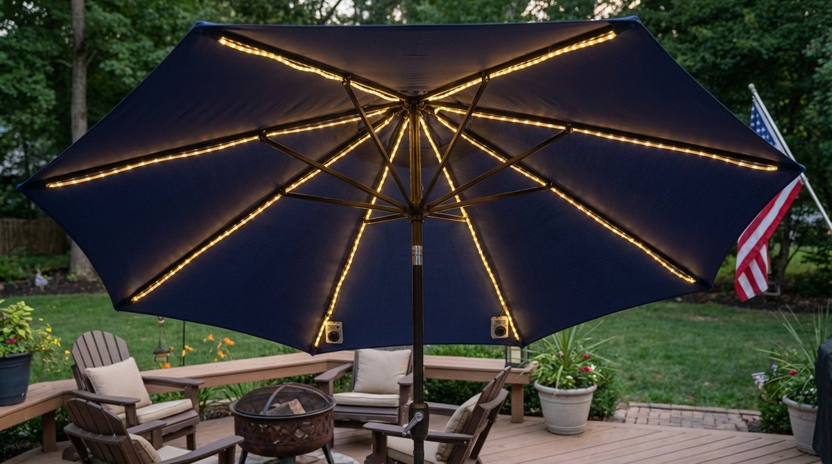 A close-up image of LED strings attached to the spokes of a patio umbrella, creating portable and adjustable lighting for garden decor. The lights are battery-powered with timers, designed to automatically illuminate during evening hours, eliminating the need for separate fixtures in flexible outdoor seating zones.