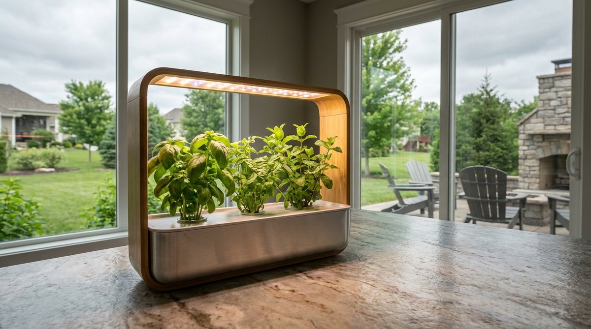 A countertop smart planter with integrated LED grow lights, glowing softly to frame herbs in a futuristic way. Ideal for modern kitchens and studio apartments, it uses full-spectrum LEDs and a shallow hydroponic or soil-based tray, perfect for growing basil, mint, and other compact herbs in low-light conditions.