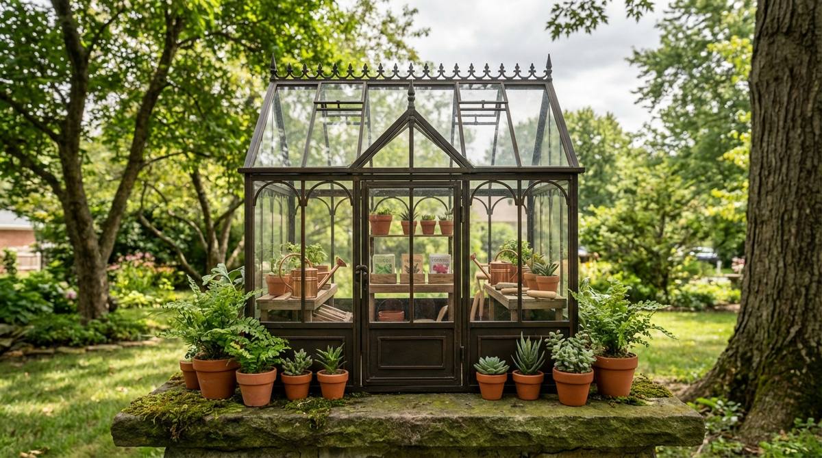 A detailed miniature Victorian-style greenhouse with glass panels and ornate details, surrounded by tiny potted plants and filled with scaled accessories like watering cans and seed packets, ideal for enhancing garden themes with elegance and light.