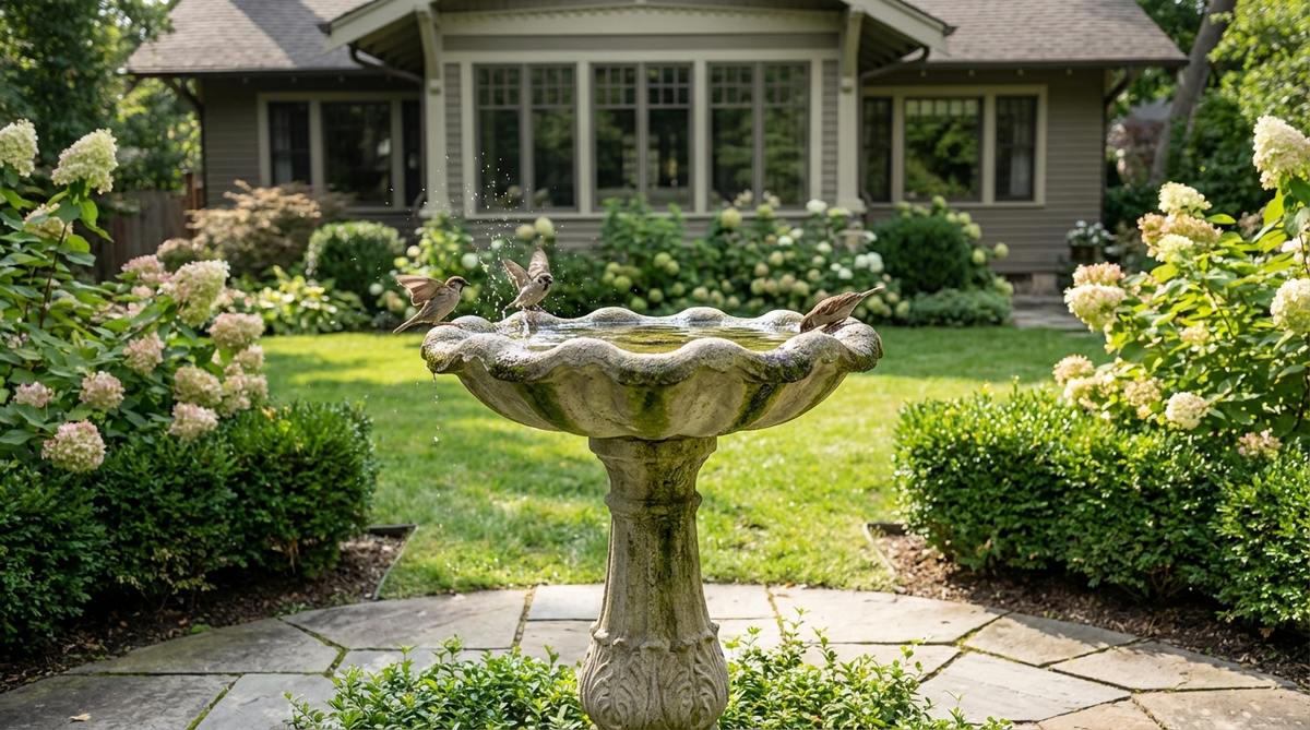 An ornate vintage bird bath with a scalloped basin and detailed pedestal, serving as a sculptural centerpiece in a garden. The bird bath attracts wildlife with splashing water and visiting birds, creating movement and life in the outdoor space. Positioned in an open area visible from windows, it features authentic stone patina from algae growth.