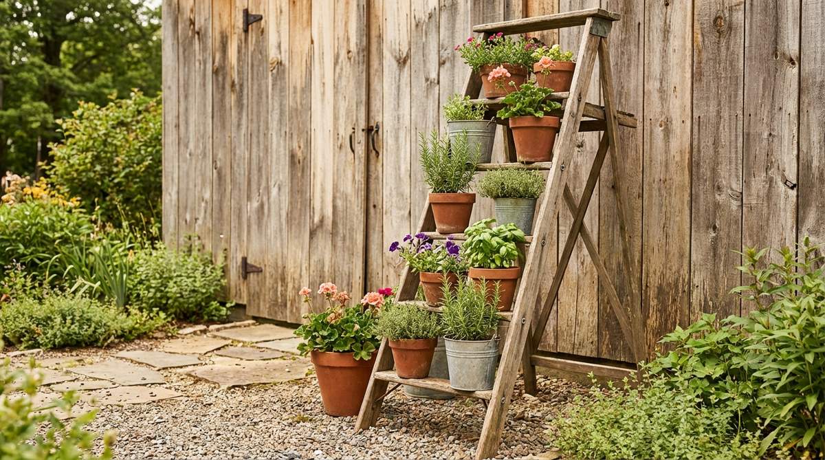 A rustic wooden step ladder positioned vertically as a tiered plant stand, displaying various potted plants at different heights. The vintage ladder leans against a weathered wall, creating a dimensional boho decor display with herbs and flowers in containers of varying sizes.