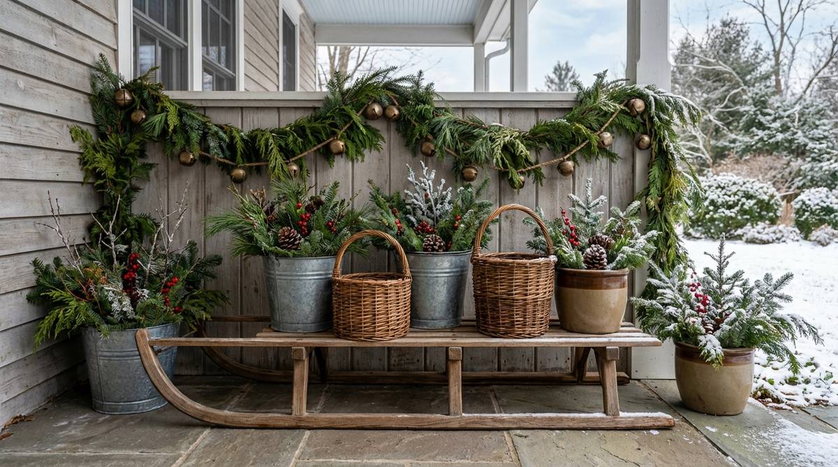 An antique wooden sled used as a nostalgic platform for container arrangements in garden designs, featuring galvanized buckets, woven baskets, or ceramic pots filled with evergreen compositions, positioned horizontally or leaned against porch walls with garland and jingle bells for a vintage-inspired aesthetic.
