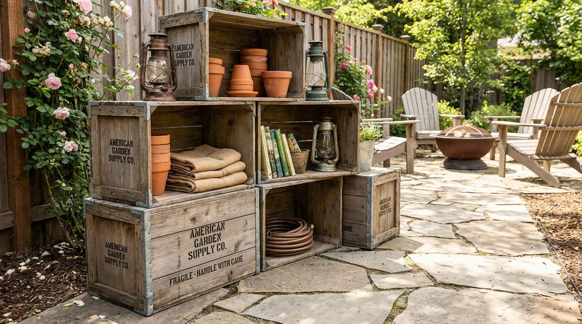 A photo of stacked vintage wooden shipping crates used as flexible modular storage in an industrial boho decor setting, showcasing their weathered wood and construction details for authentic industrial style, with items like books, textiles, or display objects arranged inside to create functional vignettes.
