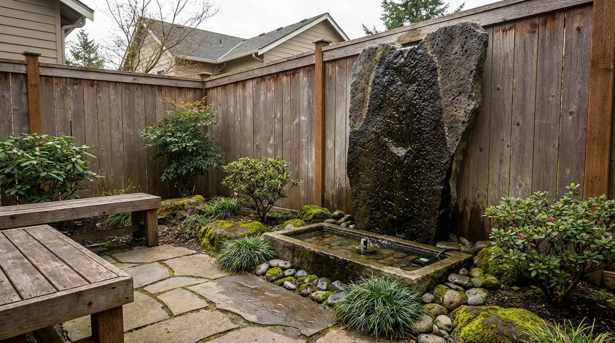 A vertical porous stone mounted on a wall in a Japanese garden, slowly weeping water to create a subtle, glistening effect without pronounced flow, ideal for contemplative spaces. The image shows the stone's capillary action and a collection trough at the base for water recirculation.