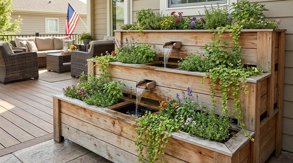 A set of tiered planters designed for balcony gardens, featuring an overflow system that allows water to cascade from upper to lower levels, ensuring efficient watering and adding visual and auditory appeal with flowing water.
