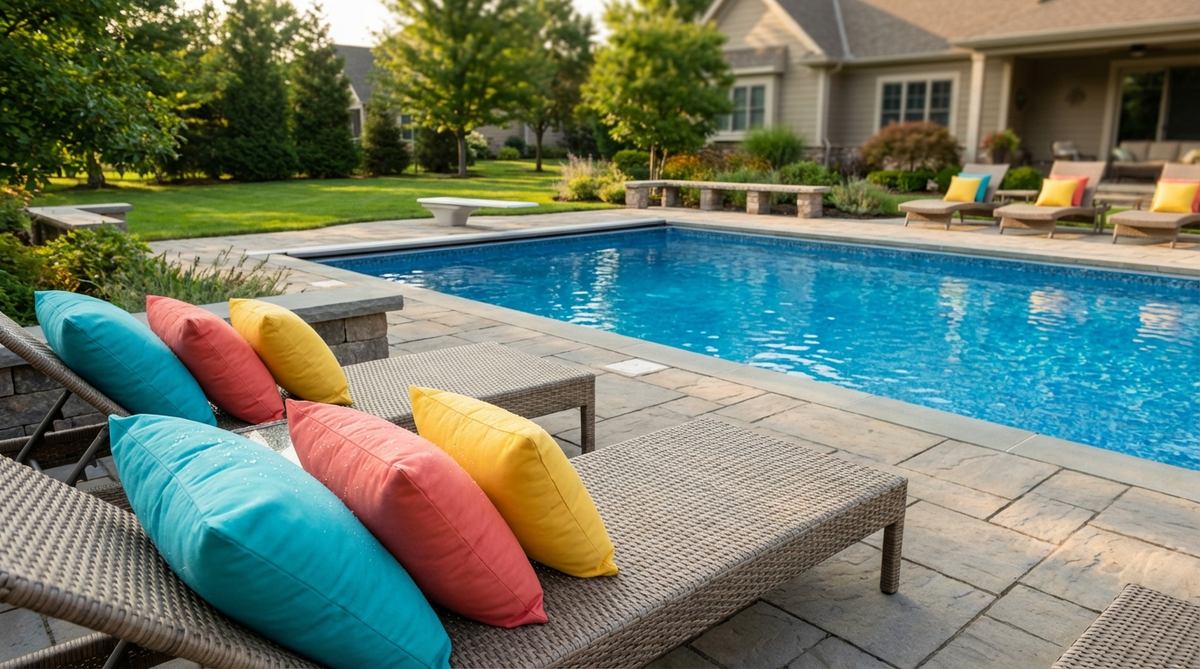 Waterproof pillow covers with sealed seams and quick-dry foam or synthetic down fill, designed for poolside use to prevent moisture penetration and resist chlorine, available in bright colors.