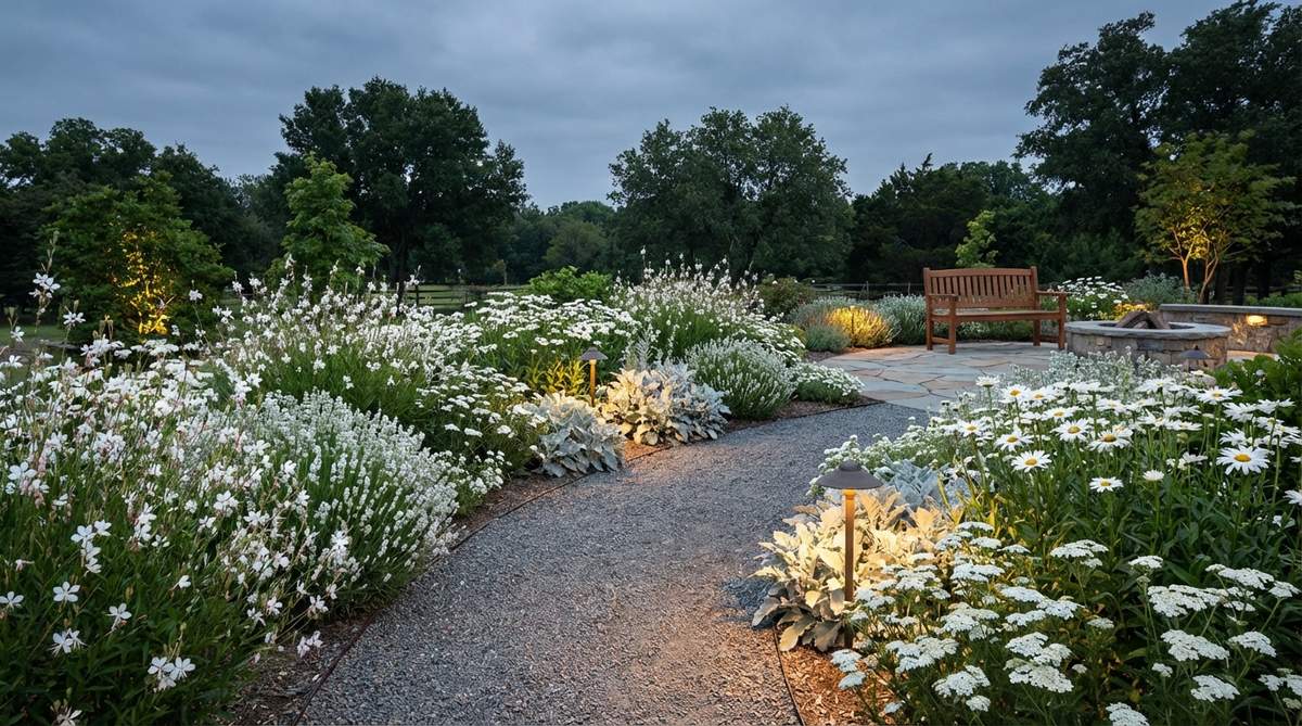 A serene gravel garden bed featuring white-flowering plants such as Gaura lindheimeri, white lavender, Shasta daisy, and white yarrow (Achillea millefolium 'White Beauty'), complemented by silver foliage like dusty miller. This moonlight scheme creates a luminous display that glows at dusk, ideal for evening gardens or pathways with outdoor lighting, enhancing the sense of space and openness.