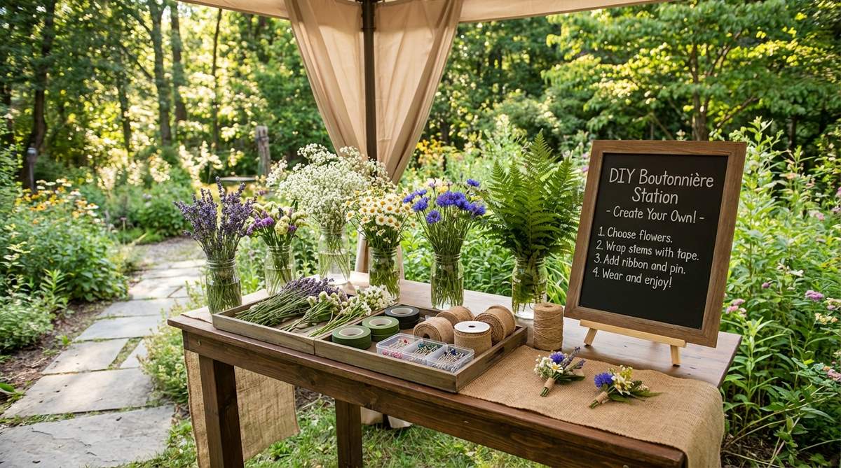 A DIY station at a boho wedding where guests create their own wildflower boutonnieres with pre-cut stems, pins, and ribbon, featuring simple instructions and examples for an interactive icebreaker activity.