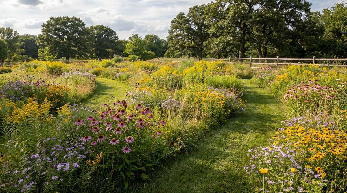 A vibrant wildflower meadow section in a bohemian garden, showcasing native flowers that attract pollinators and reduce maintenance, with mowed paths for access, embodying sustainable and natural beauty.