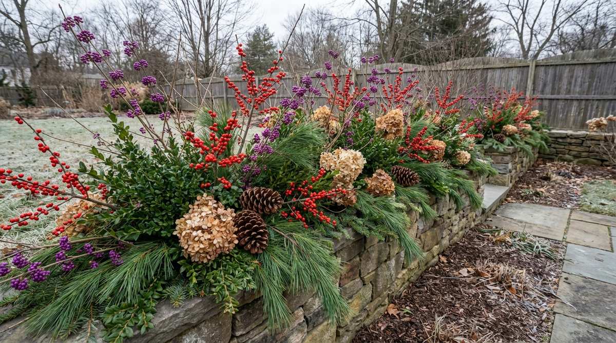 A decorative garden wall display featuring evergreen branches like boxwood and pine, combined with berry-laden stems such as winterberry holly and beautyberry, accented with pine cones and dried hydrangea blooms for winter interest.