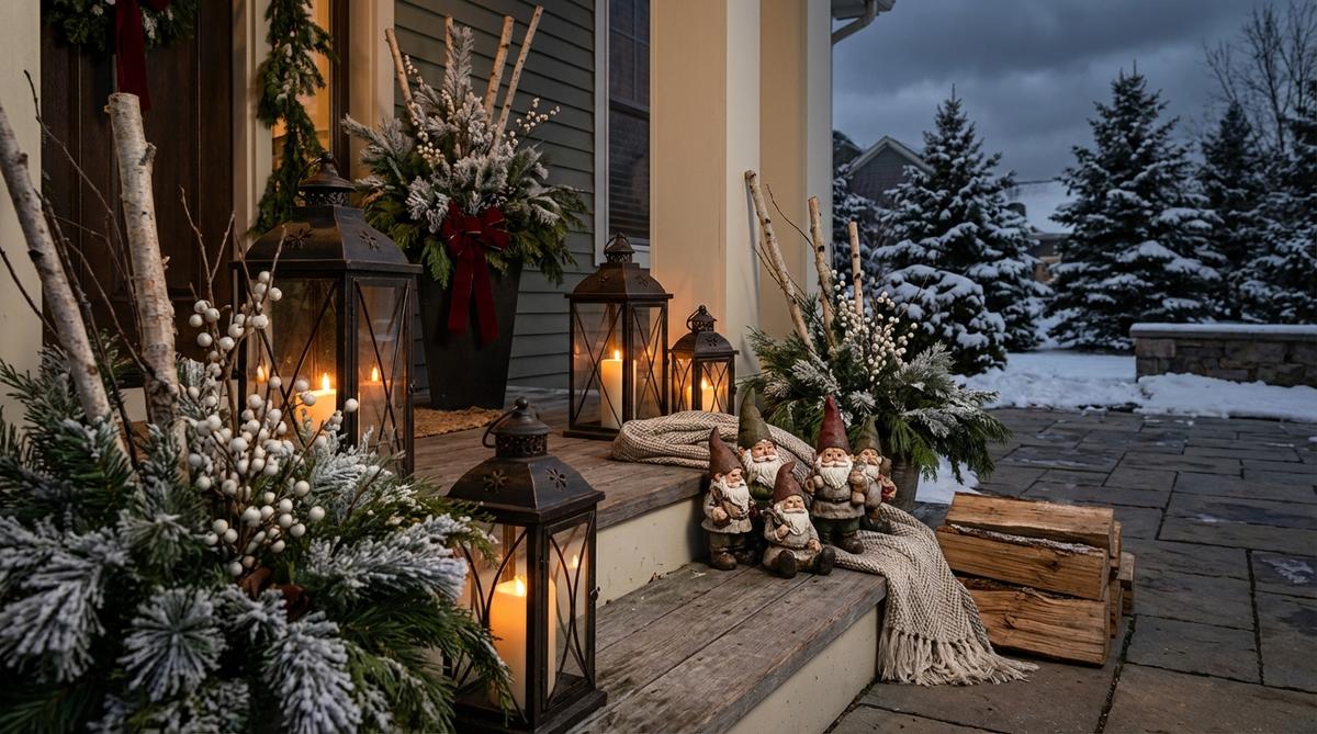 A cozy winter scene featuring mini garden gnomes grouped with lanterns and evergreen boughs on a porch or patio, designed to create a welcoming atmosphere during dark evenings with a restrained palette of greens, whites, and an accent color.