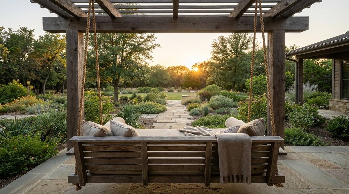 A rustic wooden swing bench suspended from a porch or pergola, providing soothing motion and seating for outdoor relaxation. Features marine-grade rope or galvanized chain for durability, ideal for framing garden views or sunset directions in rustic decor settings.