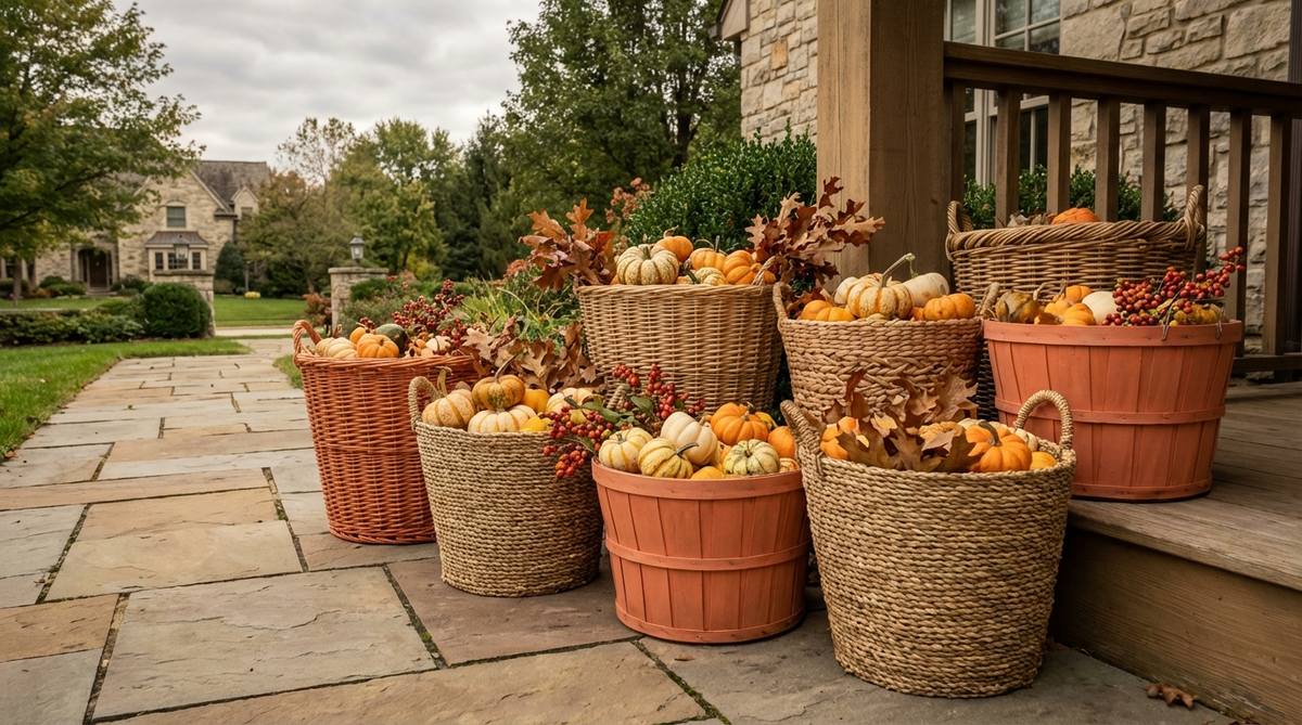 A woven basket collection used for fall outdoor decor, featuring natural or painted finishes as containers for ground-level pumpkin arrangements. The organic texture of the baskets complements pumpkin surfaces, with layered small pumpkins, gourds, autumn leaves, and berries, positioned along walkways or porch corners for portable seasonal displays.