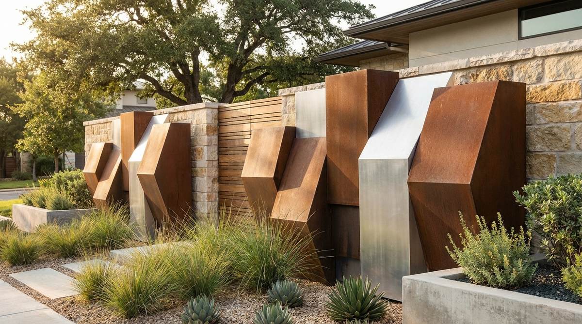 Clustered metal panels in angular configurations for contemporary outdoor decor walls, featuring modular systems with staggered depths for three-dimensional effects, available in brushed aluminum or corten steel finishes, ideal for creating visual rhythm or organic clustering in modern landscapes.