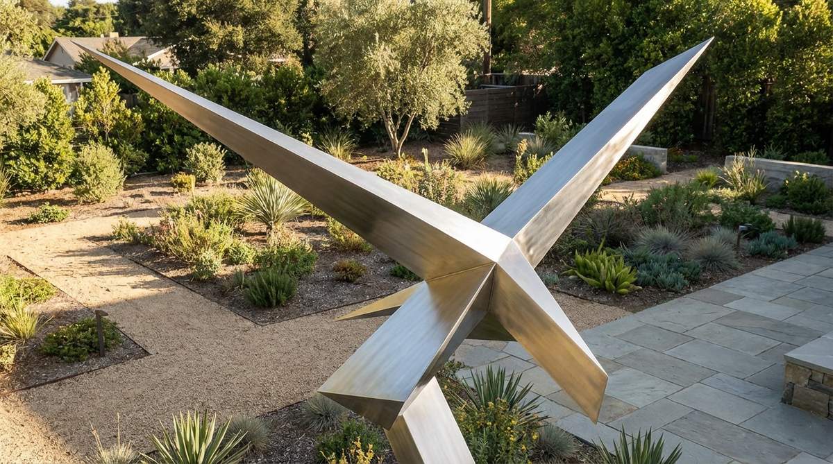 A contemporary metal sculpture featuring intersecting geometric planes that resemble wings in mid-flight, with polished steel surfaces reflecting garden light. The abstract design creates dynamic negative spaces and architectural lines suitable for minimalist garden settings.