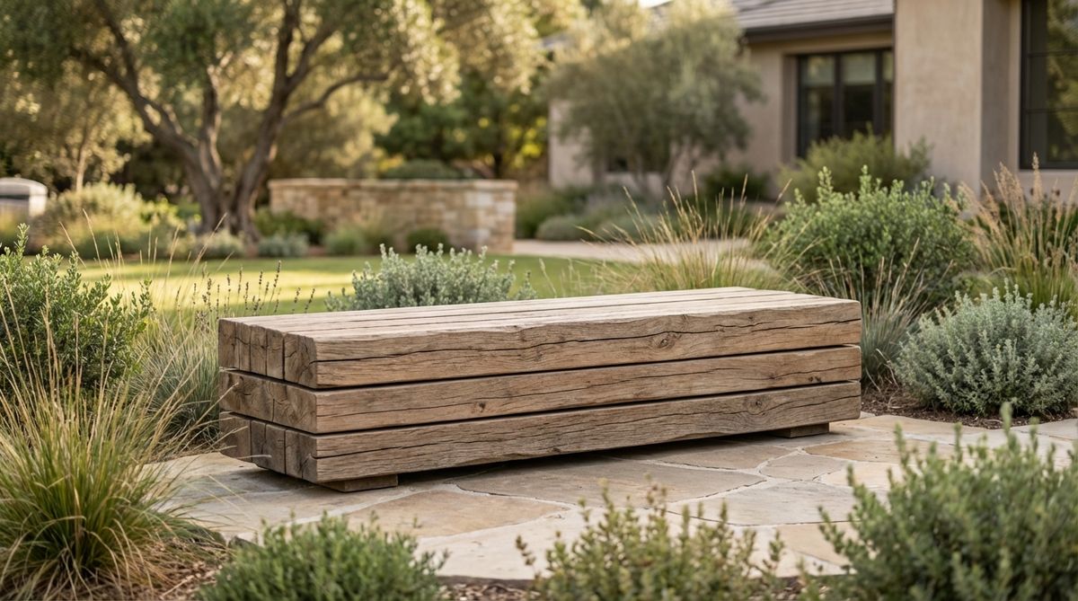 A contemporary garden bench featuring thick teak planks arranged horizontally without back support, designed for versatile seating from multiple angles. Ideal for minimalist settings, it defines space boundaries without blocking sightlines and offers durability with natural weather resistance.