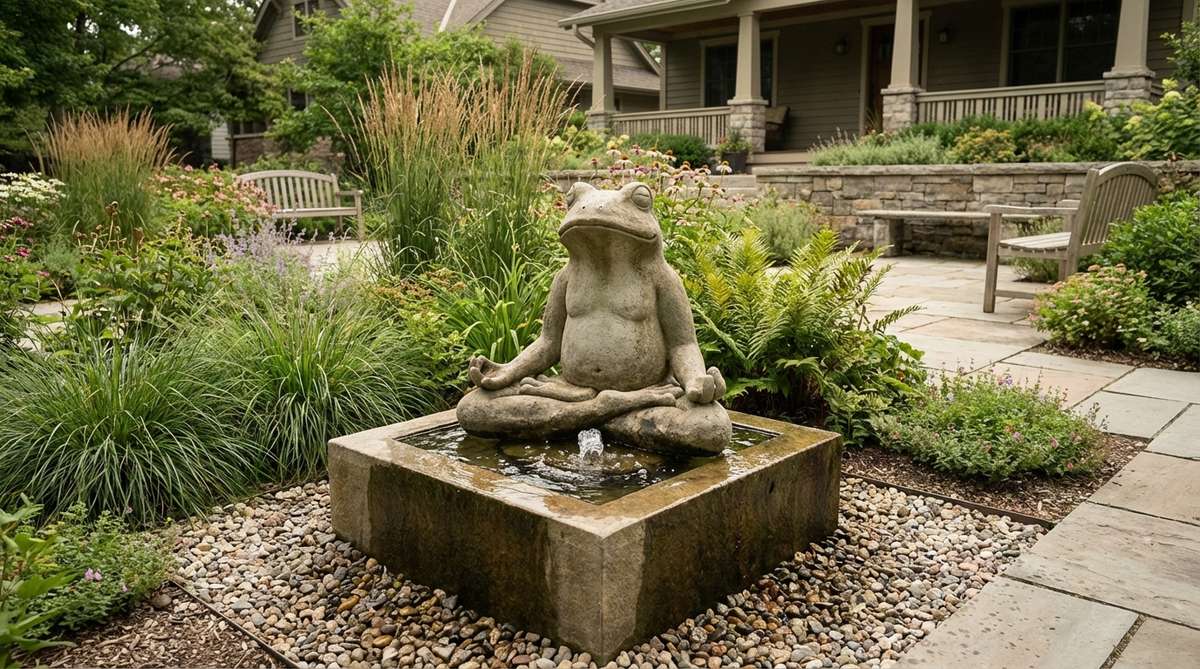 A sculptural frog in a lotus position on a beveled base, with water bubbling from the base, designed for indoor use in winter and to enhance meditative garden spaces.