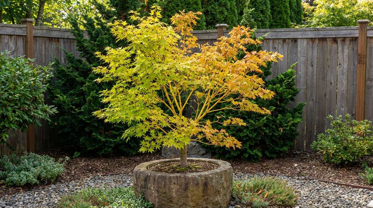 A Bihou Japanese maple tree showing its distinctive chartreuse spring foliage transitioning to gold and orange colors, with compact growth reaching up to 6 feet tall. The tree is displayed in a small garden or container setting, highlighting its suitability for limited spaces with its glowing yellow winter stems visible against dark evergreen background plants.