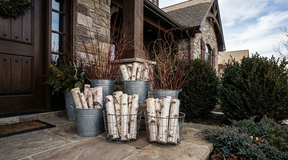 A rustic outdoor decor arrangement featuring stacked birch logs in galvanized buckets or wire baskets, placed beside a front door. The white bark of the logs creates a striking contrast against darker architectural elements and evergreen plantings, with odd-numbered groupings of 5-9 pieces and added sprigs of red twig dogwood or curly willow for height variation.