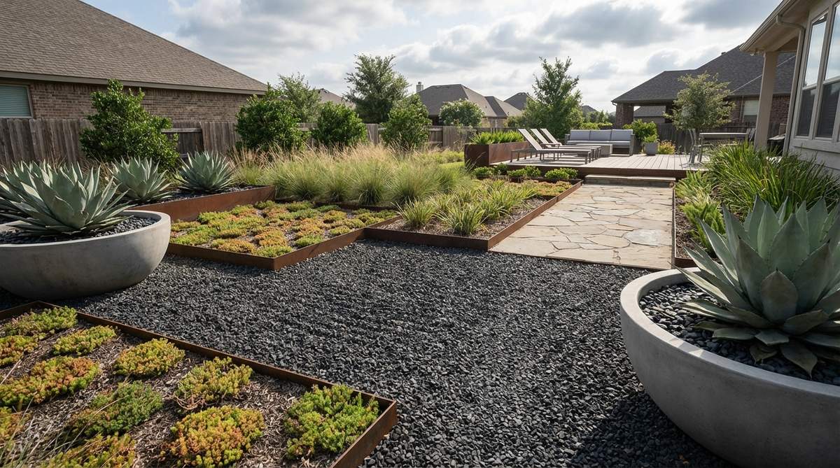 A modern gravel garden featuring dark black basalt chippings that create striking contrast against concrete planters and steel edging. The charcoal-toned volcanic rock absorbs heat to support heat-loving succulents, with minimalist single-species plantings and crisp geometric borders defined by steel strips. The design exemplifies contemporary garden aesthetics with its clean lines and monochromatic palette.