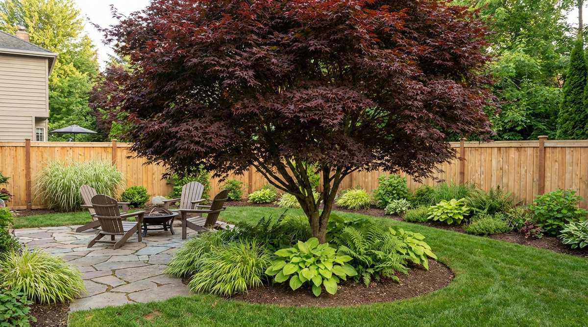 A mature Bloodgood Japanese Maple tree showcasing its distinctive deep burgundy-red foliage and rounded canopy with strong horizontal branching, ideal for cloud pruning techniques in Japanese gardens. The dark foliage creates dramatic contrast against lighter green plants, serving as an excellent small shade tree for residential landscapes.