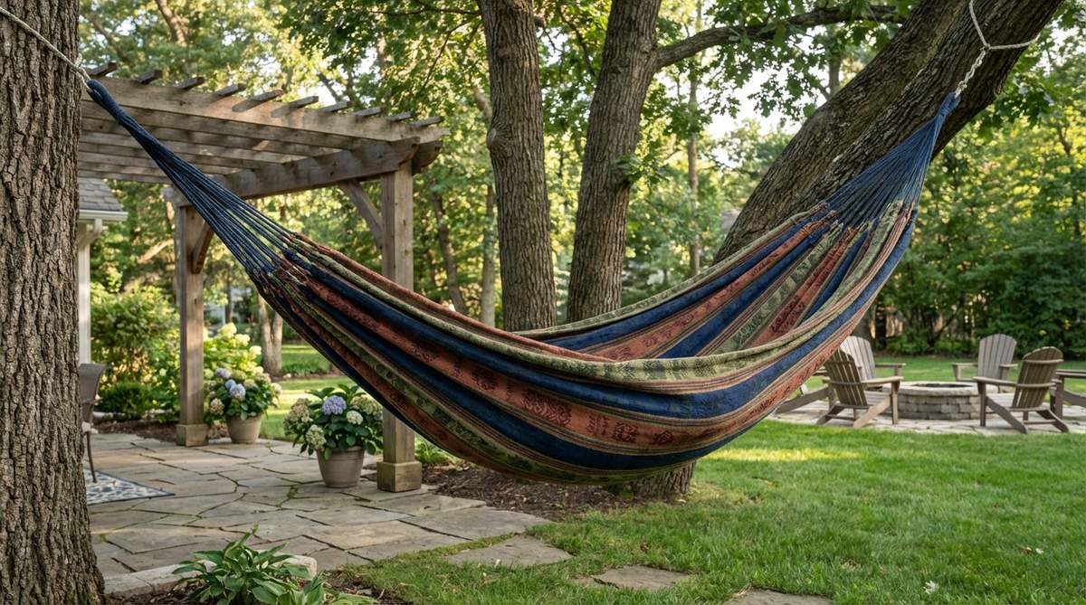 A Brazilian fabric hammock with vibrant woven patterns, hanging in a garden setting. The tightly woven fabric creates a cocoon-like comfort, allowing for full-body diagonal positioning and excellent back support for reading or napping.